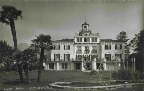 AK / Ansichtskarte Melide Lago di Lugano TI La-Romantica Villa Hotel Park Palmen Garten Lugano Terrasse Brunnen