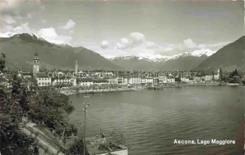 AK / Ansichtskarte Ascona Lago Maggiore TI Lago-Maggiore Seepromenade Kirchtuerme Schneeberge Hafen Ortschaft Baeume Alpen