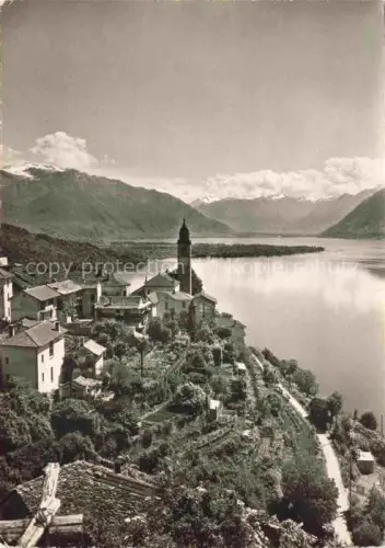 AK / Ansichtskarte Ronco Ascona Locarno Lago Maggiore TI Lago-Maggiore Kirchturm Dorf Halbinsel Berge Schneeberge Gaerten