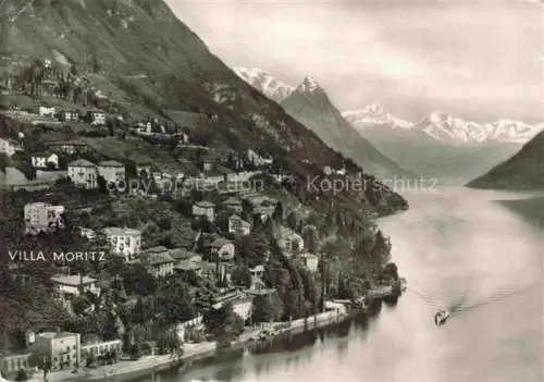 AK / Ansichtskarte Castagnola-Cassarate Villa-Moritz Lago-di-Lugano Berghang Haeuser Schiff Schneeberge Uferstrasse
