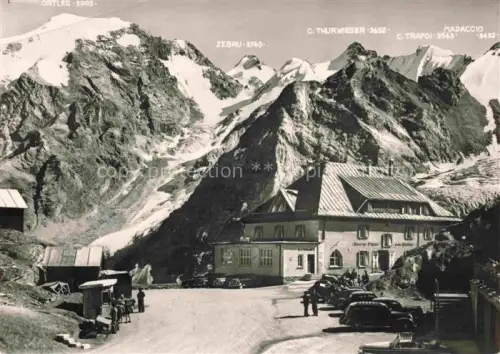AK / Ansichtskarte Stilfserjoch 2750m Passo dello Stelvio IT Stilfserjoch Passo-dello-Stelvio Albergo-Passo Ortles Zebrù Thurwieser Trafoi Madaccio Bergpass Automobil