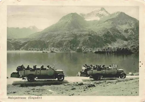 AK / Ansichtskarte Maloja GR Malojastrasse Engadin See Berge Lastwagen Reisebusse Gletscher