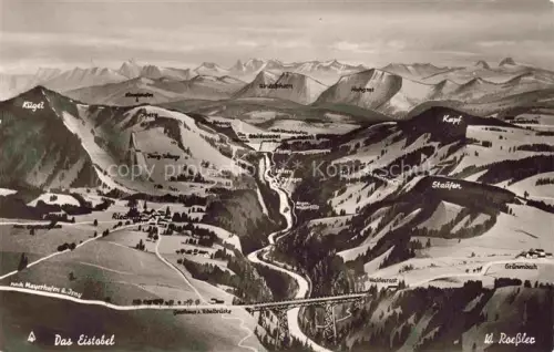 AK / Ansichtskarte Eistobel (Region) Gruenenbach Allgaeu Bayern Eistobel Argenwasserfaelle Bergpanorama Skigebiet Riedholz Hochgrat Tobelviadukt Winterlandschaft