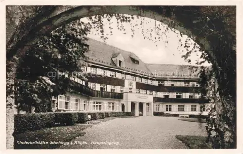 AK / Ansichtskarte Scheidegg Allgaeu Bayern Kinderheilstaette Haupteingang Kurgebaeude Torbogen Balkon Garten Park Allgaeu