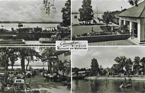 AK / Ansichtskarte Neumarkt Wallersee Salzburg AT Strandbad-Winkler Wallersee Seebad Steg Cafe Badegaeste Sonnenschirm