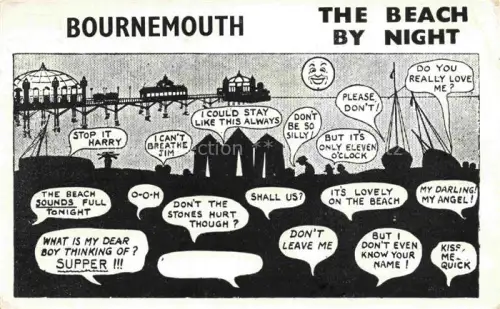 AK / Ansichtskarte Sandbanks Peninsula Dorset UK Strand Pier Mond Seebruecke Comic-Karte Silhouetten Liebespaare Nacht