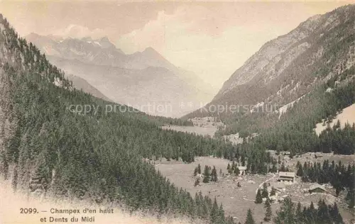 AK / Ansichtskarte Val Champex Orsieres VS Dents-du-Midi Tal Bergwald Tannen Wiesen Alpen Bergkette Huetten