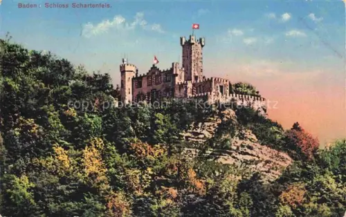 AK / Ansichtskarte BADEN  AG (Schweiz) Schloss-Schartenfels Burg Burgturm Felsen Wald Schweizer-Fahnen