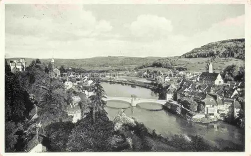 AK / Ansichtskarte Laufenburg Baden BW Rhein Bruecke Fluss Stadtansicht Kirchturm Huegel Hotel-Schweizerhaus
