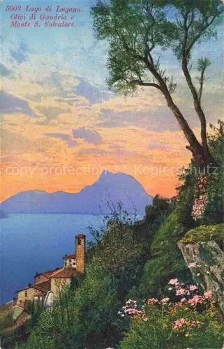 AK / Ansichtskarte Gandria Lago di Lugano TI Lago-di-Lugano Olivi Monte-S.-Salvatore See Kirchturm Dorf Olivenbaeume Abendrot Blumen