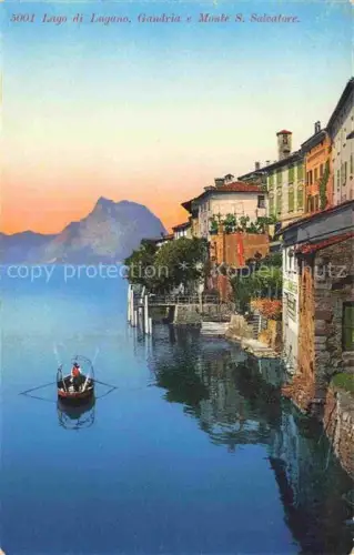 AK / Ansichtskarte Gandria Lago di Lugano TI Lago-di-Lugano Monte-S.-Salvatore Boot Dorf Haeuser Spiegelung Abendrot Kirchturm