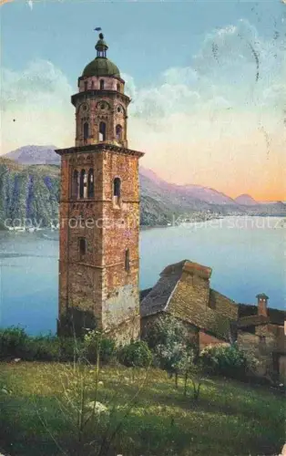 AK / Ansichtskarte Morcote Lago di Lugano TI Kirchturm Glockensturm Lago-di-Lugano Berge Dorf Backsteinturm Kuppel