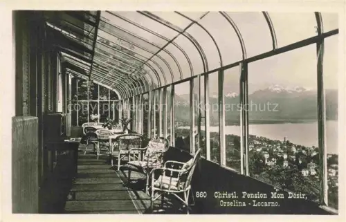 AK / Ansichtskarte Orselina Locarno TI Pension-Mon-Désir Veranda Wintergarten Korbstuehle Lago-Maggiore Locarno Berge Alpen