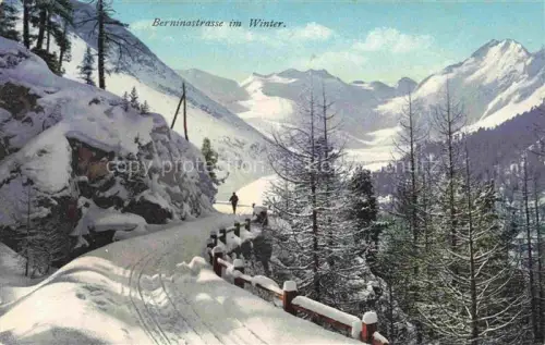 AK / Ansichtskarte Bernina 2323m Pontresina GR Berninastrasse Winterlandschaft Schnee Berge Gletscher Tannen Engadin