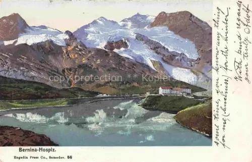 AK / Ansichtskarte Ospizio Bernina GR Bernina-Hospiz See Gletscher Berge Spiegelung Hospizgebaeude Handkoloriert