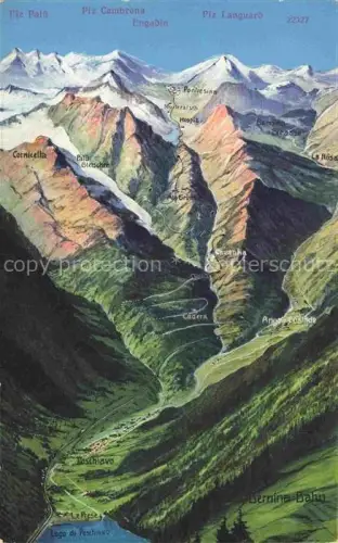 AK / Ansichtskarte Berninabahn Pontresina Eisenbahn GR Berninabahn Panoramakarte Piz-Palue Piz-Cambrena Piz-Languard Pontresina Poschiavo Lago-di-Poschiavo Alp-Gruem Paluegletscher