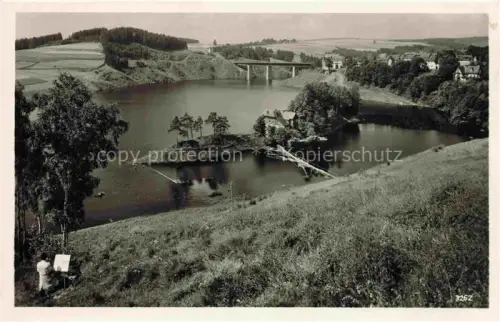 AK / Ansichtskarte Saalburg Saale Thueringen Stausee Saale Insel Bruecke Maler Landschaft Wald Villa