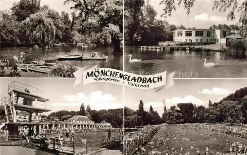 AK / Ansichtskarte MoeNCHENGLADBACH NRW Volksgarten Volksbad Ruderboote Teich Schwaene Sprungturm Freibad Badegaeste