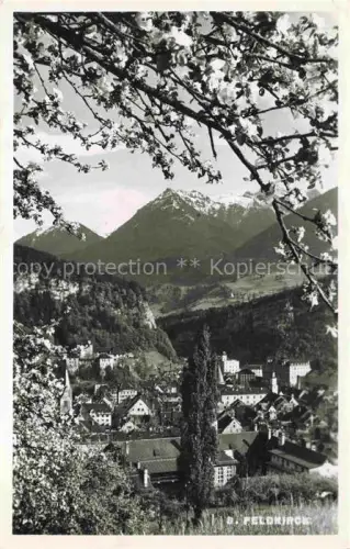 AK / Ansichtskarte Feldkirch Vorarlberg AT Stadtansicht Kirchturm Bergpanorama Obstbluete Wald Berge