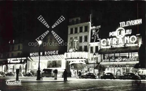 AK / Ansichtskarte PARIS 75 Moulin-Rouge Nachtaufnahme Windmuehle Neonreklame Brasserie-Cyrano Boulevard-de-Clichy Nachtleben Autos