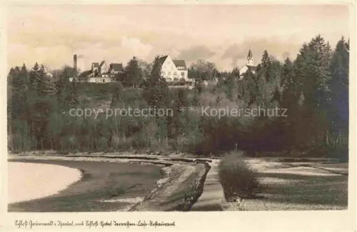AK / Ansichtskarte Gruenwald Muenchen Schloss-Gruenwald Isartal Hotel-Terrasse Café-Restaurant Kirchturm Wald Isar