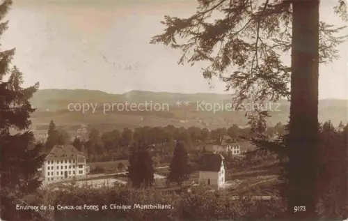 AK / Ansichtskarte LA CHAUX-DE-FONDS NE Clinique-Montbrillant Sanatorium Gebaeude Kirche Waldrand Huegellandschaft