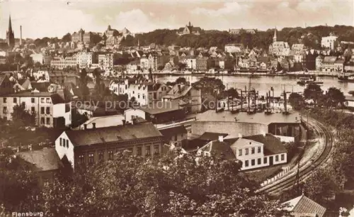 AK / Ansichtskarte FLENSBURG  Flensborg Schleswig-Holstein Panorama Hafen Fjord Altstadt Kirche Segelschiffe Schienen Stadtansicht
