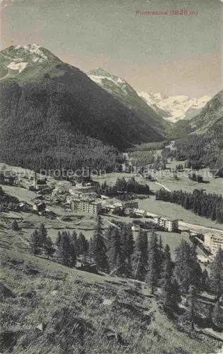 AK / Ansichtskarte Pontresina Maloja GR Pontresina Engadin Bergtal Gletscher Kurort Hotelanlage Bergwald Alpenpanorama