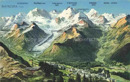AK / Ansichtskarte Pontresina Maloja GR Pontresina Bernina Roseg Morteratsch-Gletscher Diavolezza Val-Roseg Panoramakarte Berninagruppe Bovalhuette
