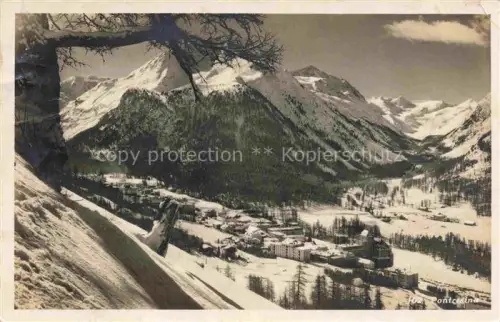 AK / Ansichtskarte Pontresina Maloja GR Pontresina Winterpanorama Bergdorf Schnee Engadin Bergmassiv Laerchen Kurort