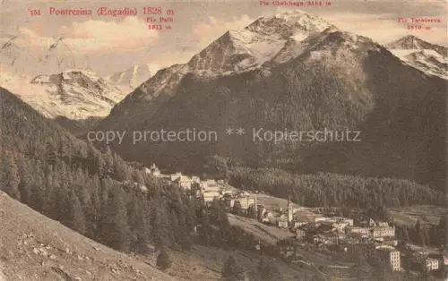 AK / Ansichtskarte Pontresina Maloja GR Pontresina Piz-Palue Piz-Chalchagn Piz-Tschierva Engadin Bergpanorama Bergdorf Kirchturm