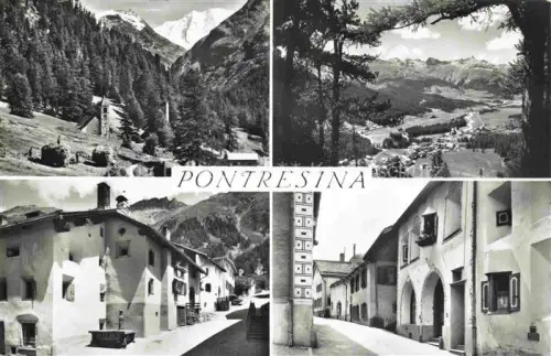 AK / Ansichtskarte Pontresina Maloja GR Pontresina Piz-Palue Albulakette Mehrbildkarte Dorfstrasse Engadiner-Haeuser Bergpanorama Kapelle