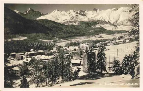AK / Ansichtskarte Pontresina Maloja GR Julierkette Talblick Winter Schnee Dorf Berge Wald Nadelbaum
