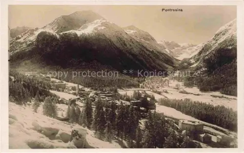 AK / Ansichtskarte Pontresina Maloja GR Winter Schnee Talblick Dorf Hotels Gletscher Berge Wald Nadelbaum
