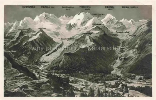 AK / Ansichtskarte Pontresina Maloja GR Panoramakarte Piz-Bernina Piz-Palue Roseggletscher Val-Roseg Piz-Roseg Diavolezza Moerteratsch