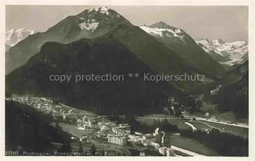 AK / Ansichtskarte Pontresina Maloja GR Roseggletscher Piz-Palue Talblick Dorf Hotels Berge Wald Sommer