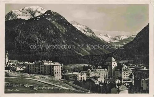 AK / Ansichtskarte Pontresina Maloja GR Hotelgebaeude Kirche Gebirge Tal Schneeberge Haeuser Dorf Strandhotel-Lochau