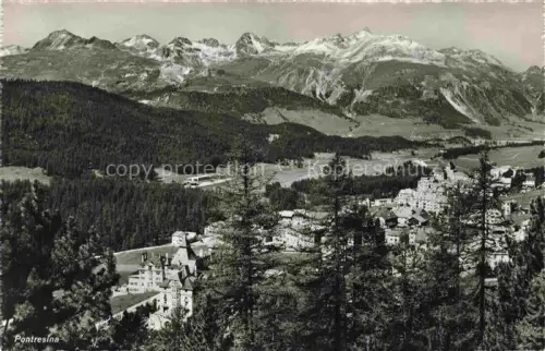AK / Ansichtskarte Pontresina Maloja GR Gebirge Tal Wald Haeuser Dorf Hotels Hochebene Bergpanorama