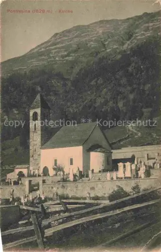 AK / Ansichtskarte Pontresina Maloja GR Kirche Kirchturm Friedhof Grabsteine Gebirge Bergwiese Romanische-Kirche Zaun