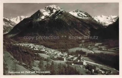AK / Ansichtskarte Pontresina Maloja GR Palue Roseg-Gruppe Gebirge Gletscher Schneeberge Wald Fluss Hotels Haeuser Tal