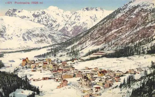 AK / Ansichtskarte Pontresina Maloja GR Winterpanorama Alpen Schnee Ortschaft Tal Berge Hotelbau