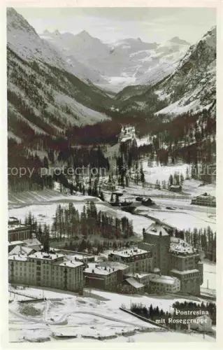 AK / Ansichtskarte Pontresina Maloja GR Winterpanorama Roseggruppe Alpen Tal Hotelgebaeude Schnee Gletscher Wald