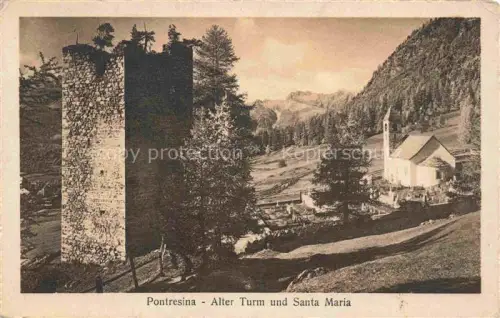 AK / Ansichtskarte Pontresina Maloja GR Alter-Turm Santa-Maria Kirchturm Friedhof Wald Berge Ruine Bergtal