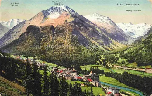 AK / Ansichtskarte Pontresina Maloja GR Piz-Palu Piz-Tschierva Roseggletscher Sommerpanorama Alpen Tal Ortschaft Wald