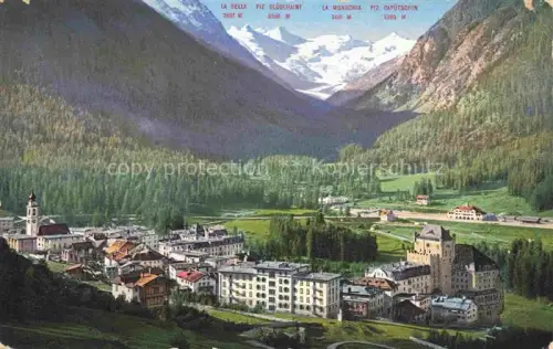 AK / Ansichtskarte Pontresina Maloja GR La-Bella Piz-Glueschaint La-Monscha Piz-Caputschin Sommerpanorama Alpen Tal Ortschaft Hotelgebaeude