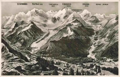 AK / Ansichtskarte Pontresina Maloja GR P-Bernina P-Roseg Morteratschgletscher Roseggletscher Val-Roseg Diavolezza Bergpanorama Panoramakarte Illustration