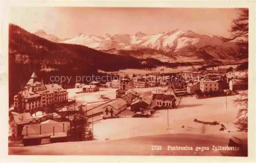 AK / Ansichtskarte Pontresina Maloja GR Julierkette Winterpanorama Ortschaft Hotelgebaeude Berge Schnee Tal