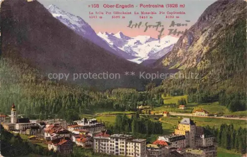 AK / Ansichtskarte Pontresina Maloja GR Ober-Engadin Bergpanorama Gletscher Piz-Glueschaint La-Sella La-Monschia Piz-Capuetschin Ortschaft Tal Kirche