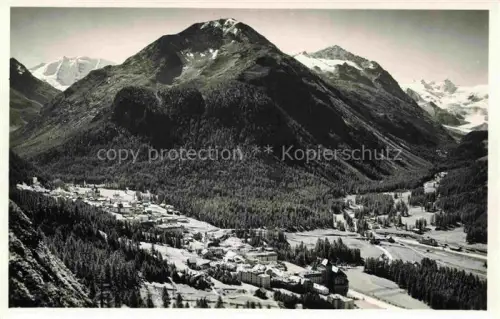 AK / Ansichtskarte Pontresina Maloja GR Bergpanorama Tal Wald Ortschaft Gletscher Berge Nadelwald Hochtal