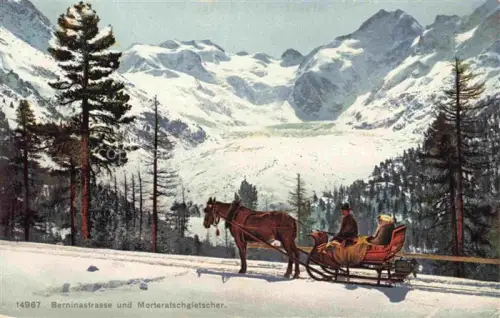 AK / Ansichtskarte Morteratschgletscher GR Morteratschgletscher Berninastrasse Pferdeschlitten Winterlandschaft Nadelwald Schnee Bergmassiv